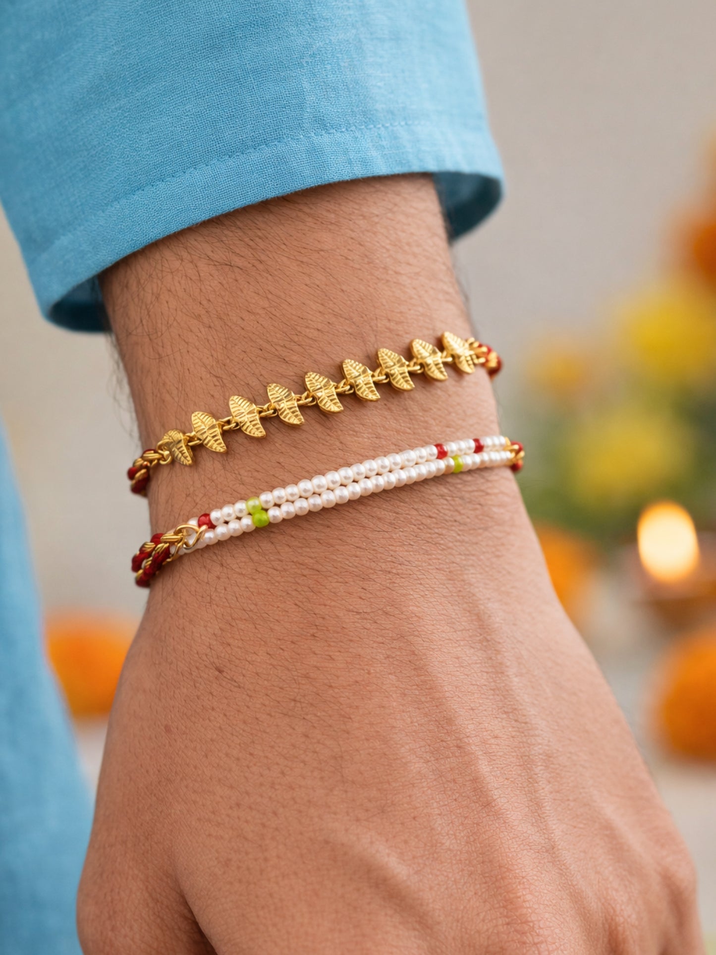 (Set of 2) Gold Leaf Chain Pearl Rakhi Bracelet for Bhai Bhaiya Bro