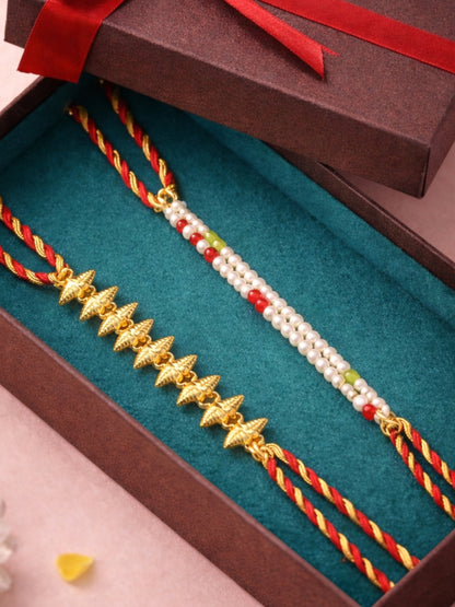(Set of 2) Gold Leaf Chain Pearl Rakhi Bracelet for Bhai Bhaiya Bro