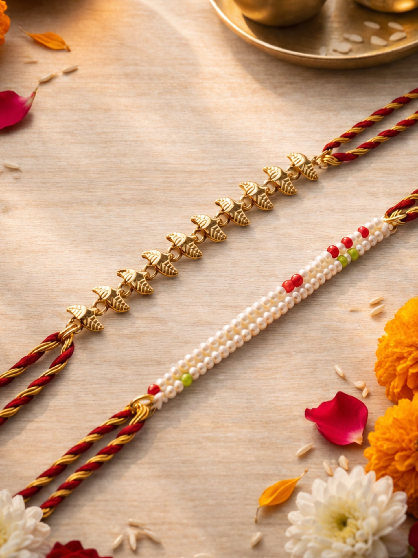 (Set of 2) Gold Leaf Chain Pearl Rakhi Bracelet for Bhai Bhaiya Bro