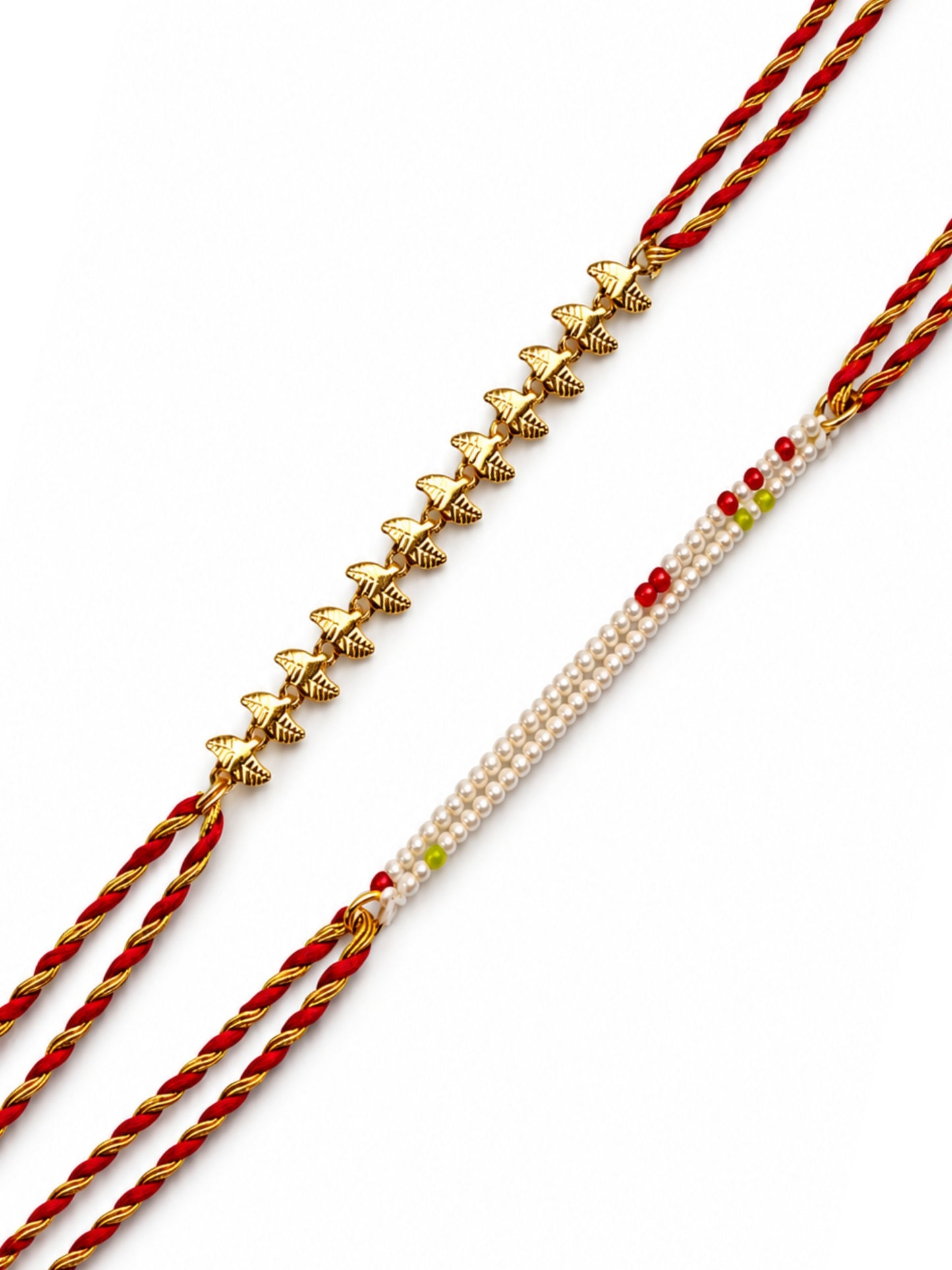 (Set of 2) Gold Leaf Chain Pearl Rakhi Bracelet for Bhai Bhaiya Bro