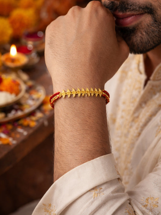Red Gold Thread Leaf Chain Rakhi Bracelet For Bhai Bhaiya Bro