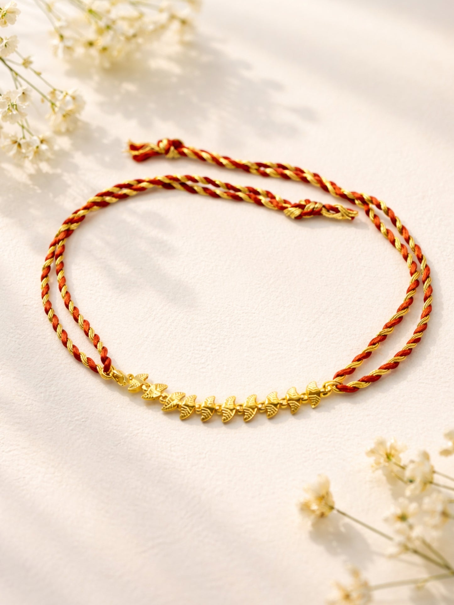 Red Gold Thread Leaf Chain Rakhi Bracelet For Bhai Bhaiya Bro