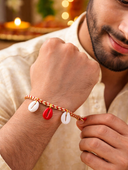 Jute Red Thread Cowrie Shell Rakhi Bracelet For Bhai Bhaiya Bro