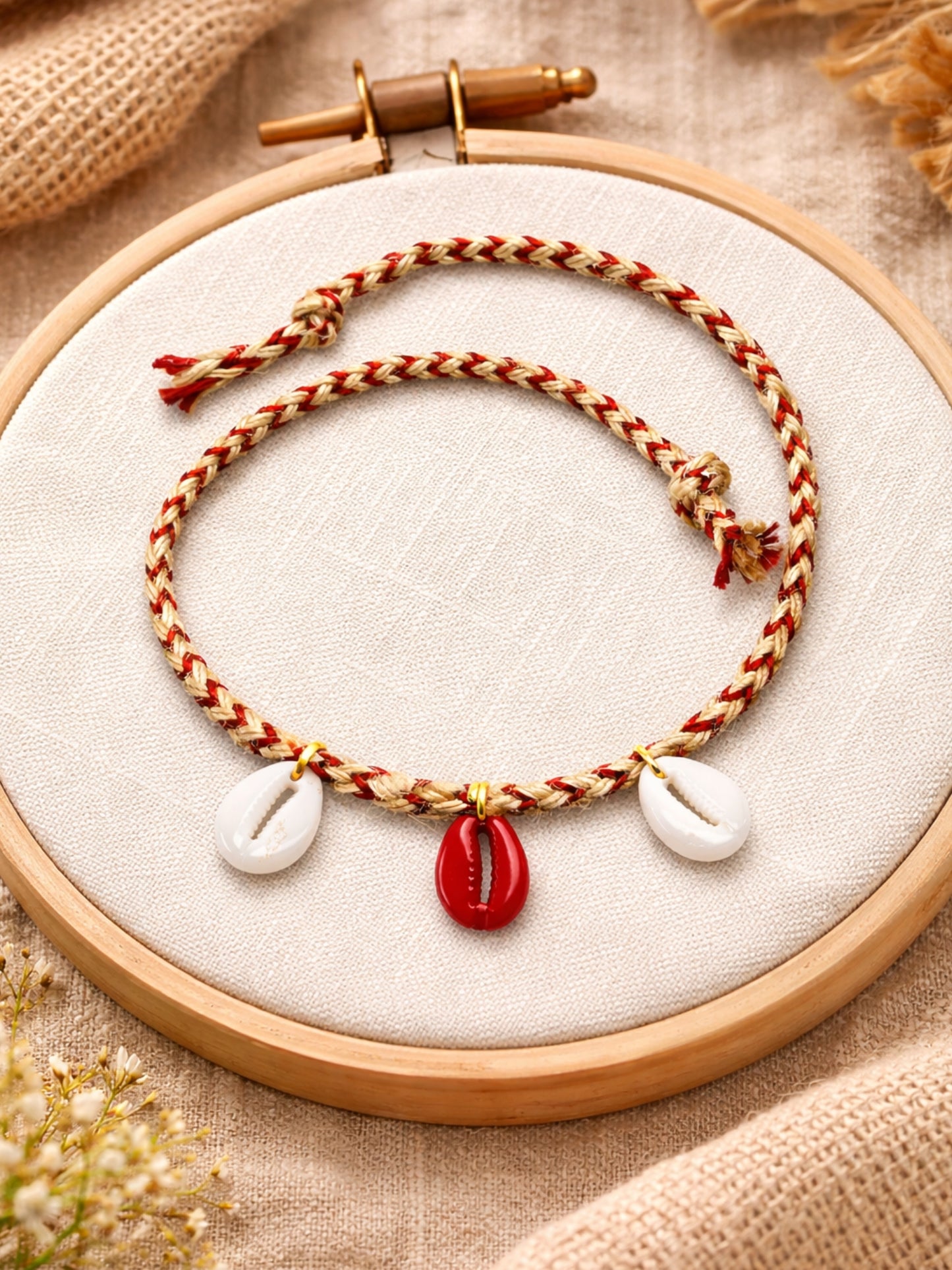 Jute Red Thread Cowrie Shell Rakhi Bracelet For Bhai Bhaiya Bro