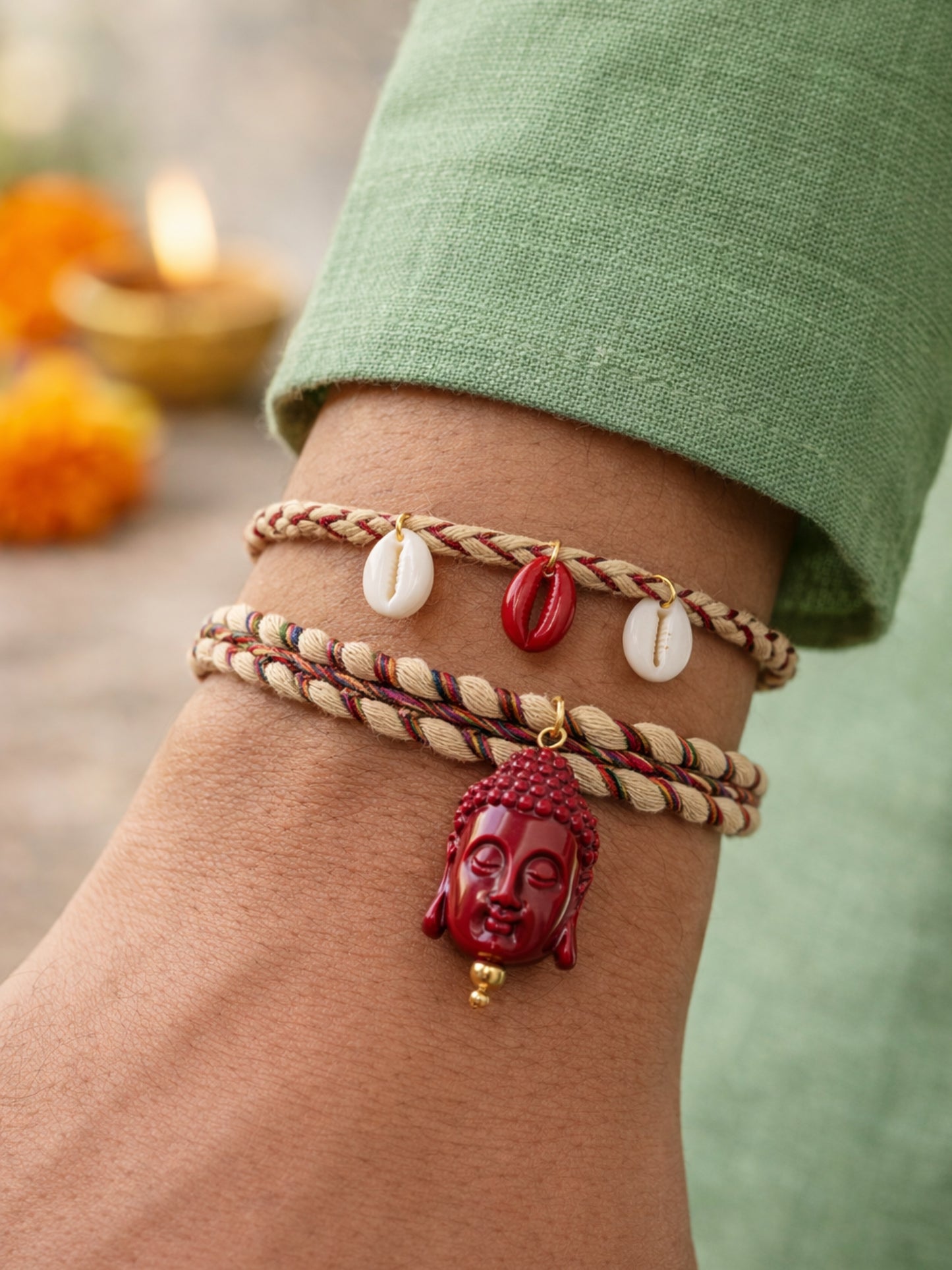 (Set of 2) Red Buddha Cowrie Shell Rakhi Bracelet for Bhai Bro