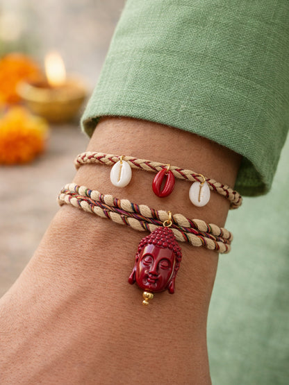 (Set of 2) Red Buddha Cowrie Shell Rakhi Bracelet for Bhai Bro