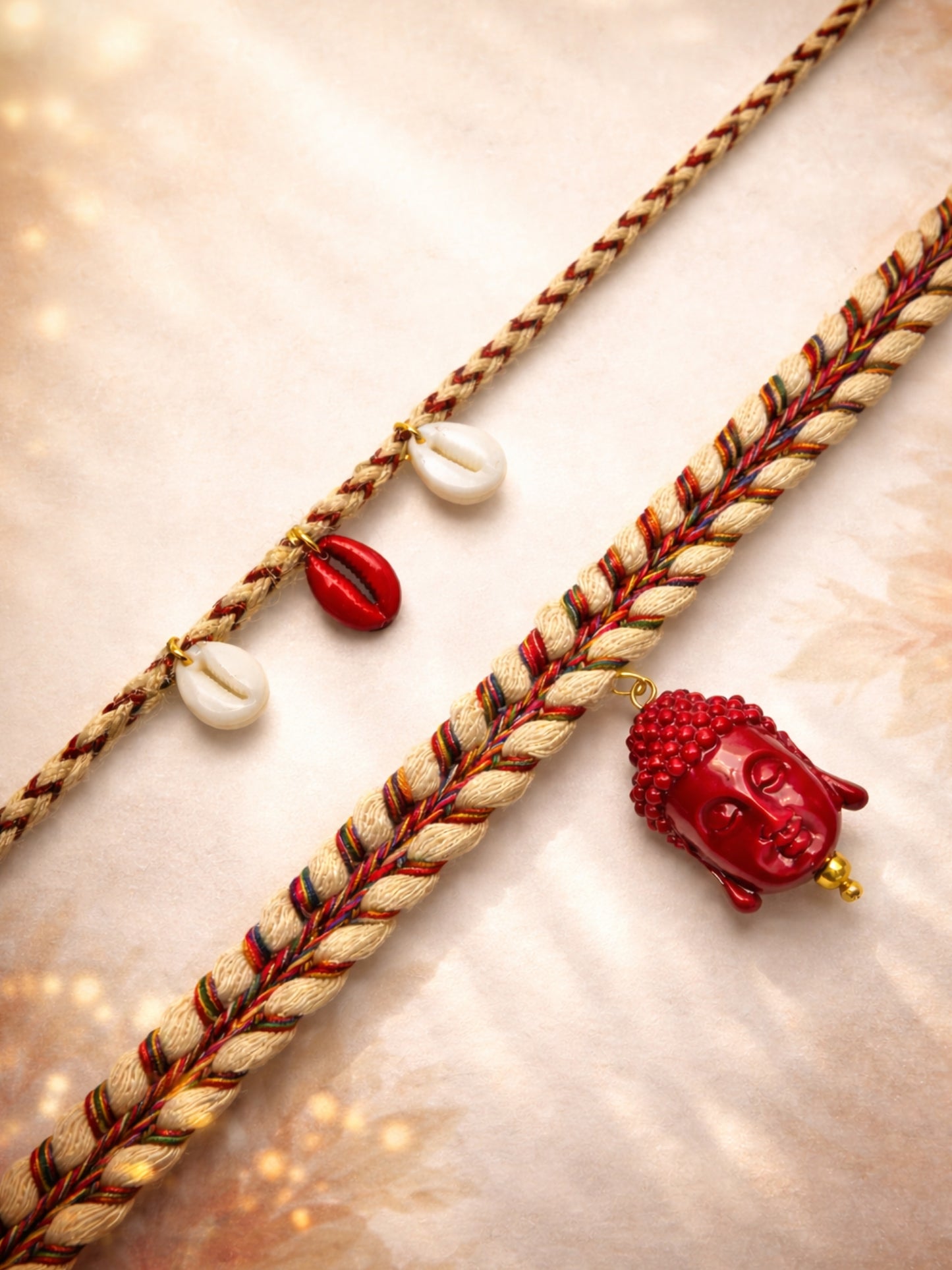 (Set of 2) Red Buddha Cowrie Shell Rakhi Bracelet for Bhai Bro