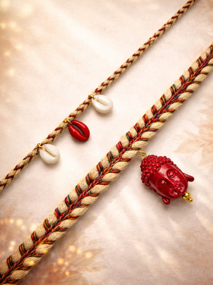(Set of 2) Red Buddha Cowrie Shell Rakhi Bracelet for Bhai Bro