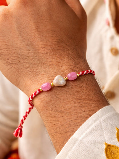 Red Thread Pink Stone Rakhi Bracelet For Bhai Bhaiya Bro