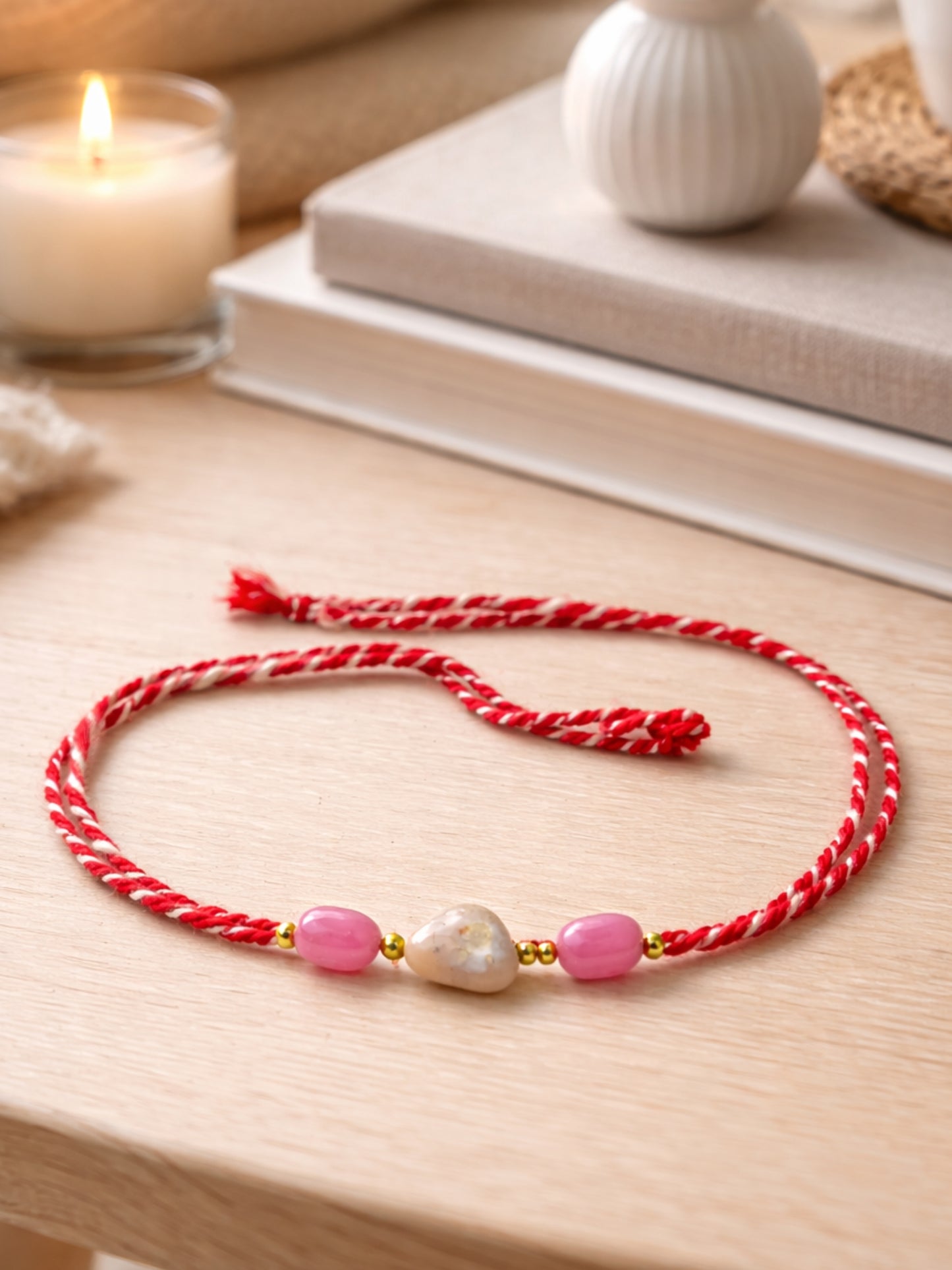 Red Thread Pink Stone Rakhi Bracelet For Bhai Bhaiya Bro