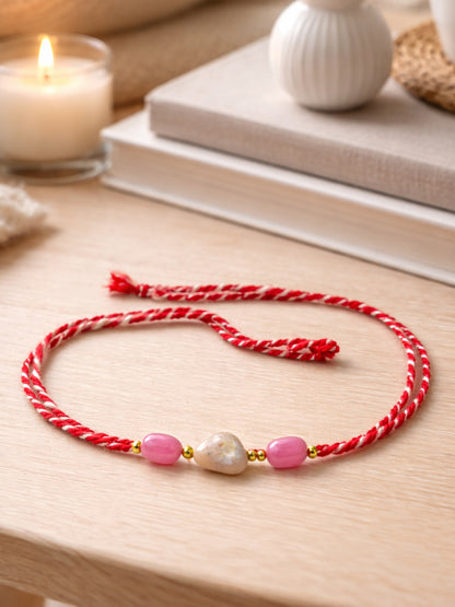 Red Thread Pink Stone Rakhi Bracelet For Bhai Bhaiya Bro