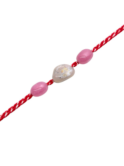 Red Thread Pink Stone Rakhi Bracelet For Bhai Bhaiya Bro