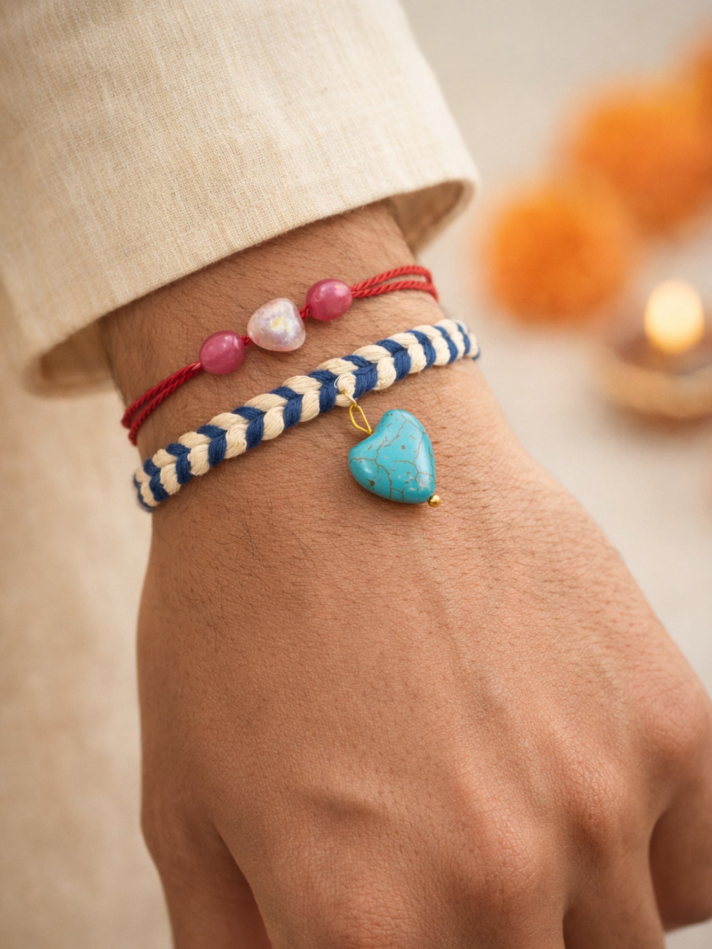 (Set of 2) Turquoise Heart Pink Bead Rakhi Bracelet for Bhai Bro