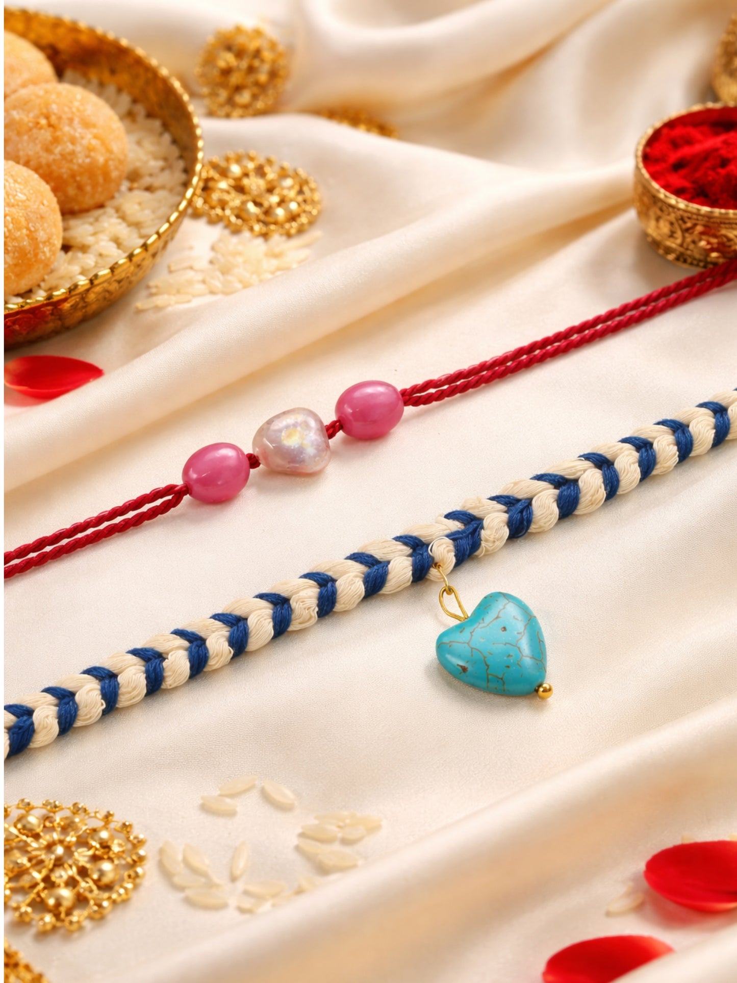 (Set of 2) Turquoise Heart Pink Bead Rakhi Bracelet for Bhai Bro