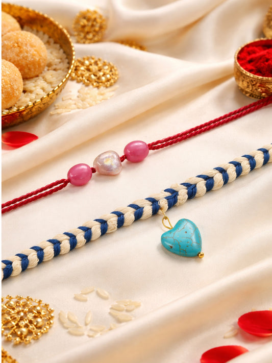 (Set of 2) Turquoise Heart Pink Bead Rakhi Bracelet for Bhai Bro