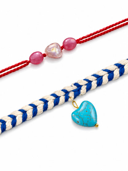(Set of 2) Turquoise Heart Pink Bead Rakhi Bracelet for Bhai Bro