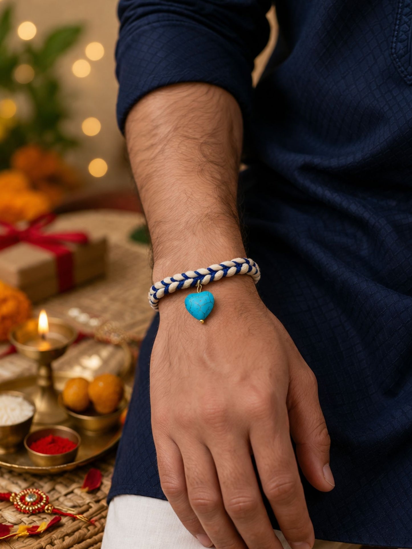 Blue Turquoise Heart Rakhi Bracelet For Bhai Bhaiya Bro