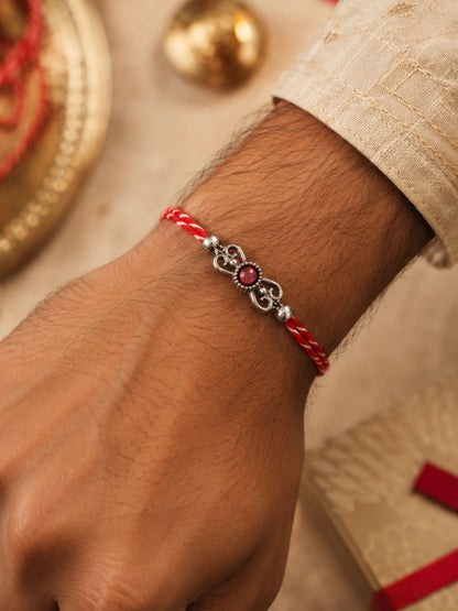 Red Silver Motif Rakhi Bracelet For Bhai Bhaiya Bro