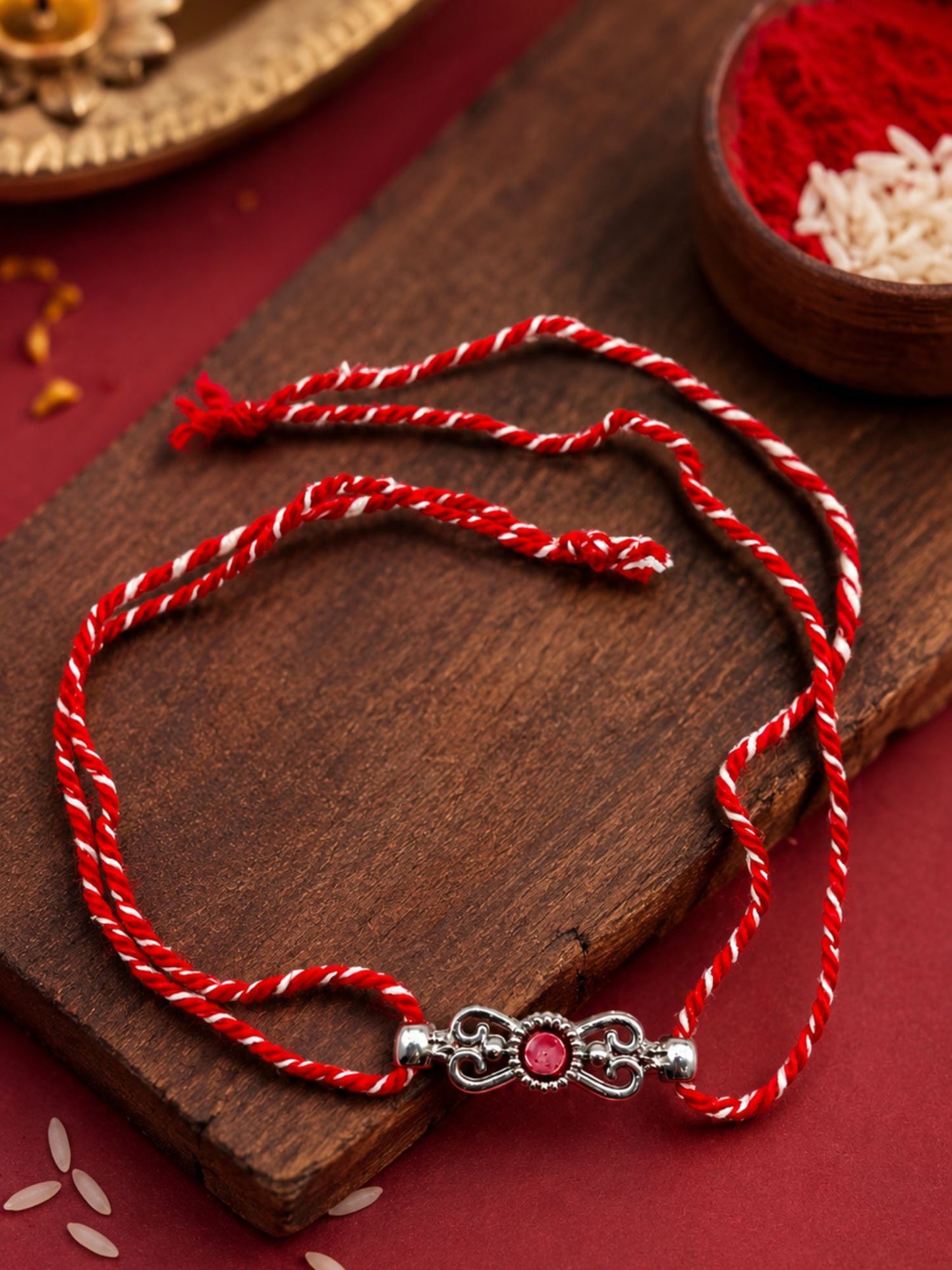 Red Silver Motif Rakhi Bracelet For Bhai Bhaiya Bro