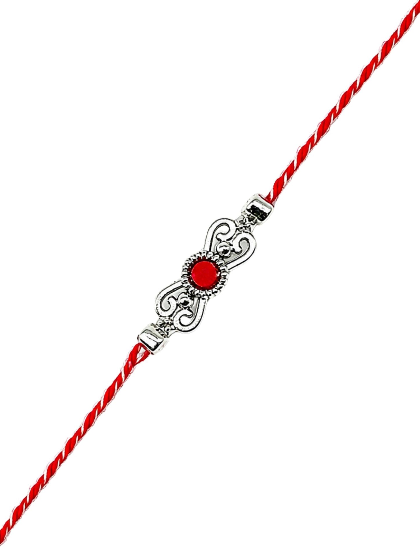 Red Silver Motif Rakhi Bracelet For Bhai Bhaiya Bro