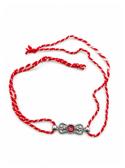 Red Silver Motif Rakhi Bracelet For Bhai Bhaiya Bro