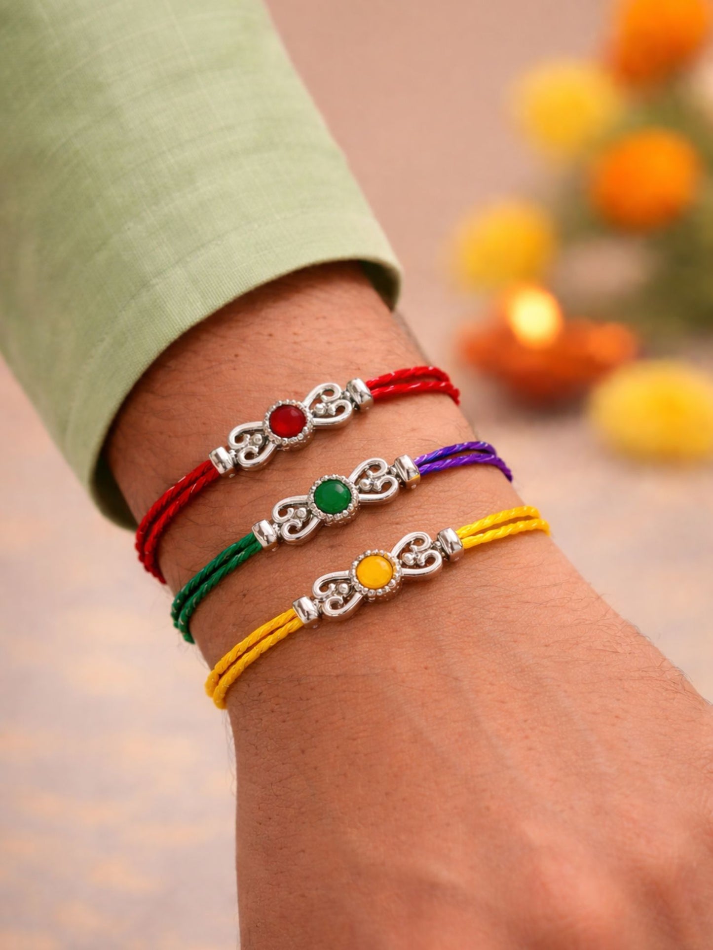 (Set of 3) Silver Motif Stone Rakhi Bracelet for Bhai Bro