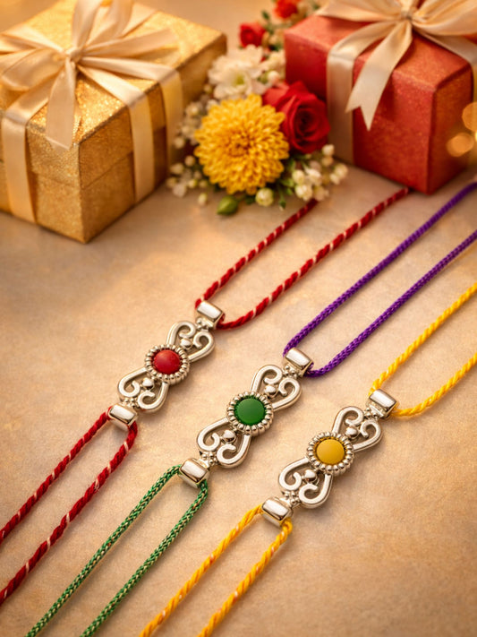 (Set of 3) Silver Motif Stone Rakhi Bracelet for Bhai Bro