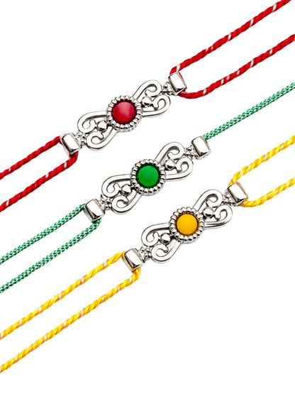 (Set of 3) Silver Motif Stone Rakhi Bracelet for Bhai Bro