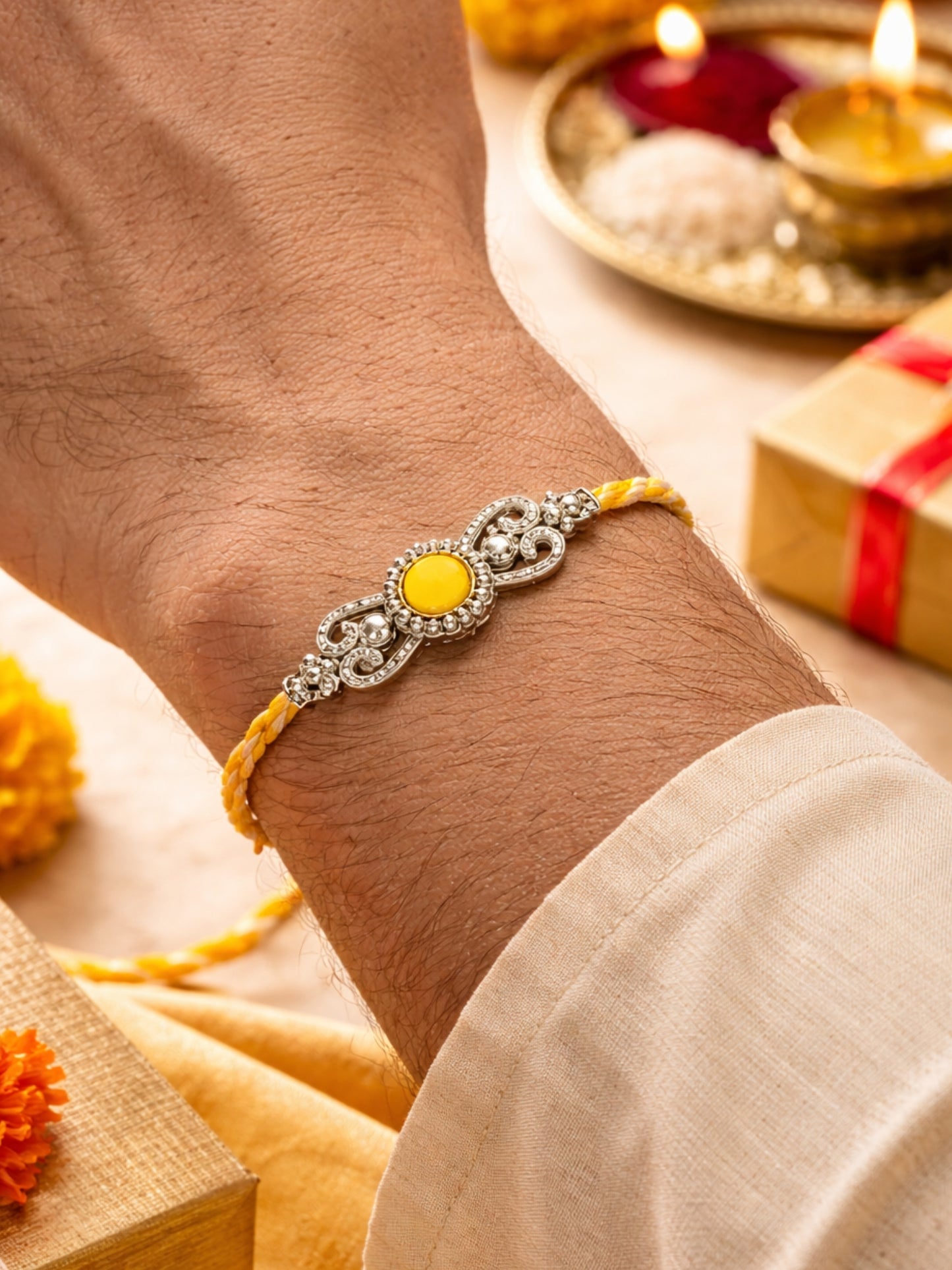 Yellow Silver Motif Rakhi Bracelet For Bhai Bhaiya Bro