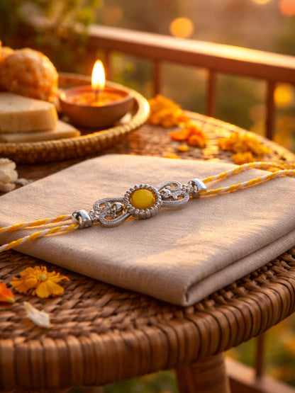 Yellow Silver Motif Rakhi Bracelet For Bhai Bhaiya Bro