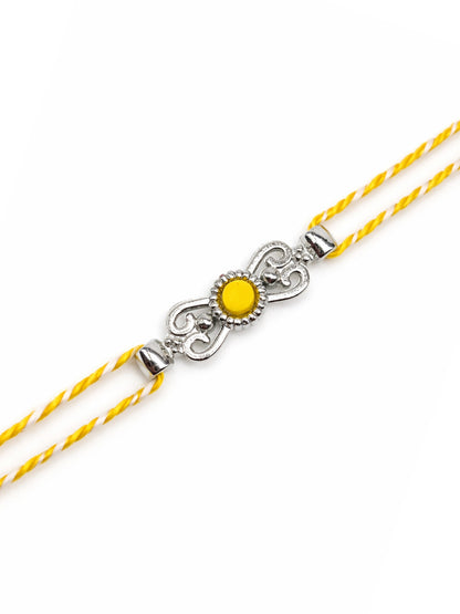 Yellow Silver Motif Rakhi Bracelet For Bhai Bhaiya Bro