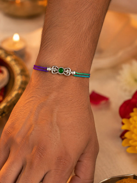 Green Silver Motif Rakhi Bracelet For Bhai Bhaiya Bro