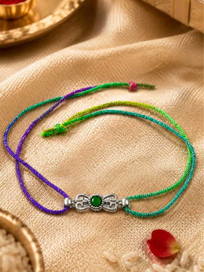 Green Silver Motif Rakhi Bracelet For Bhai Bhaiya Bro