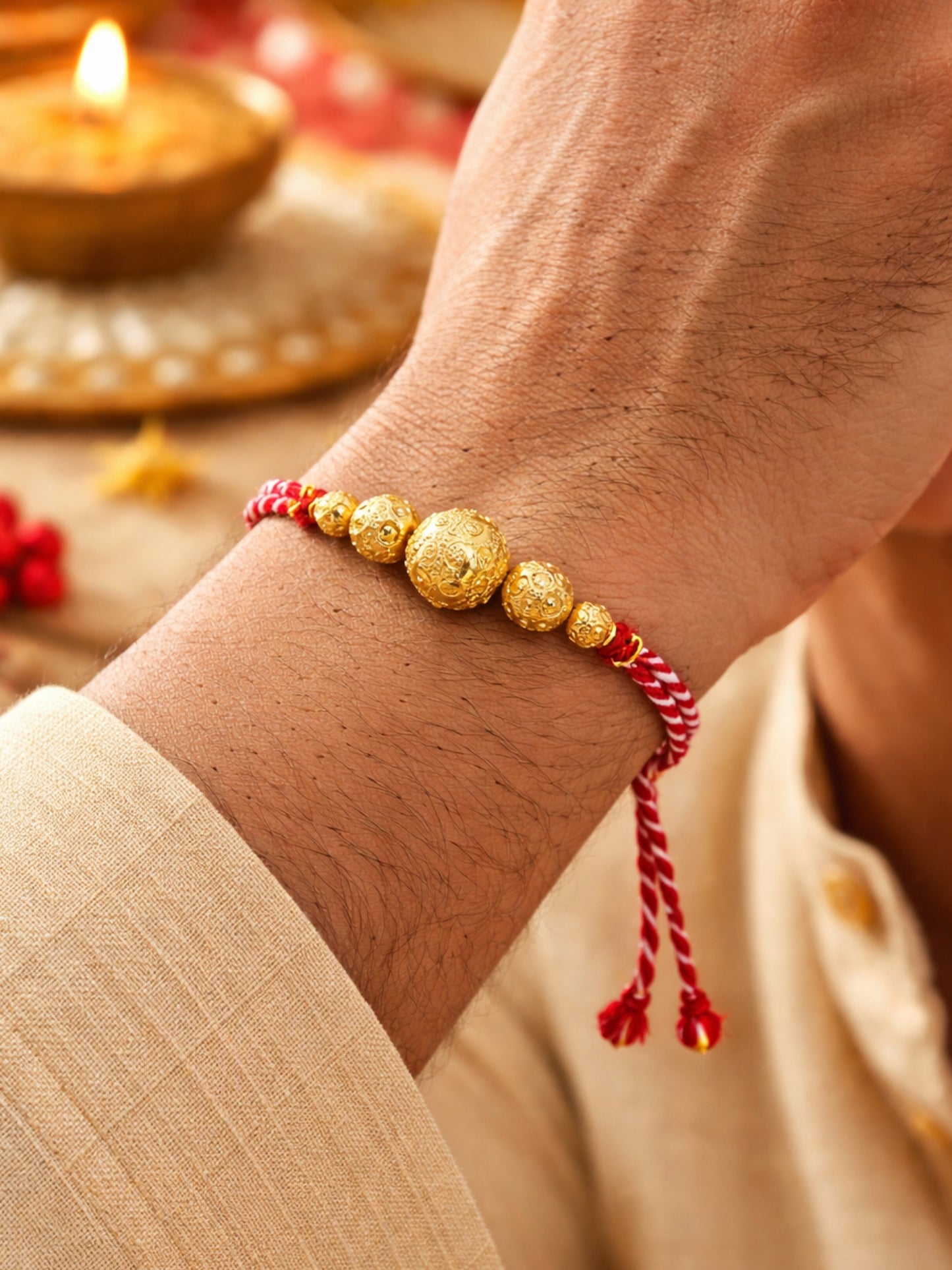 Gold Bead Rakhi Bracelet For Bhai Bhaiya Bro Red Thread