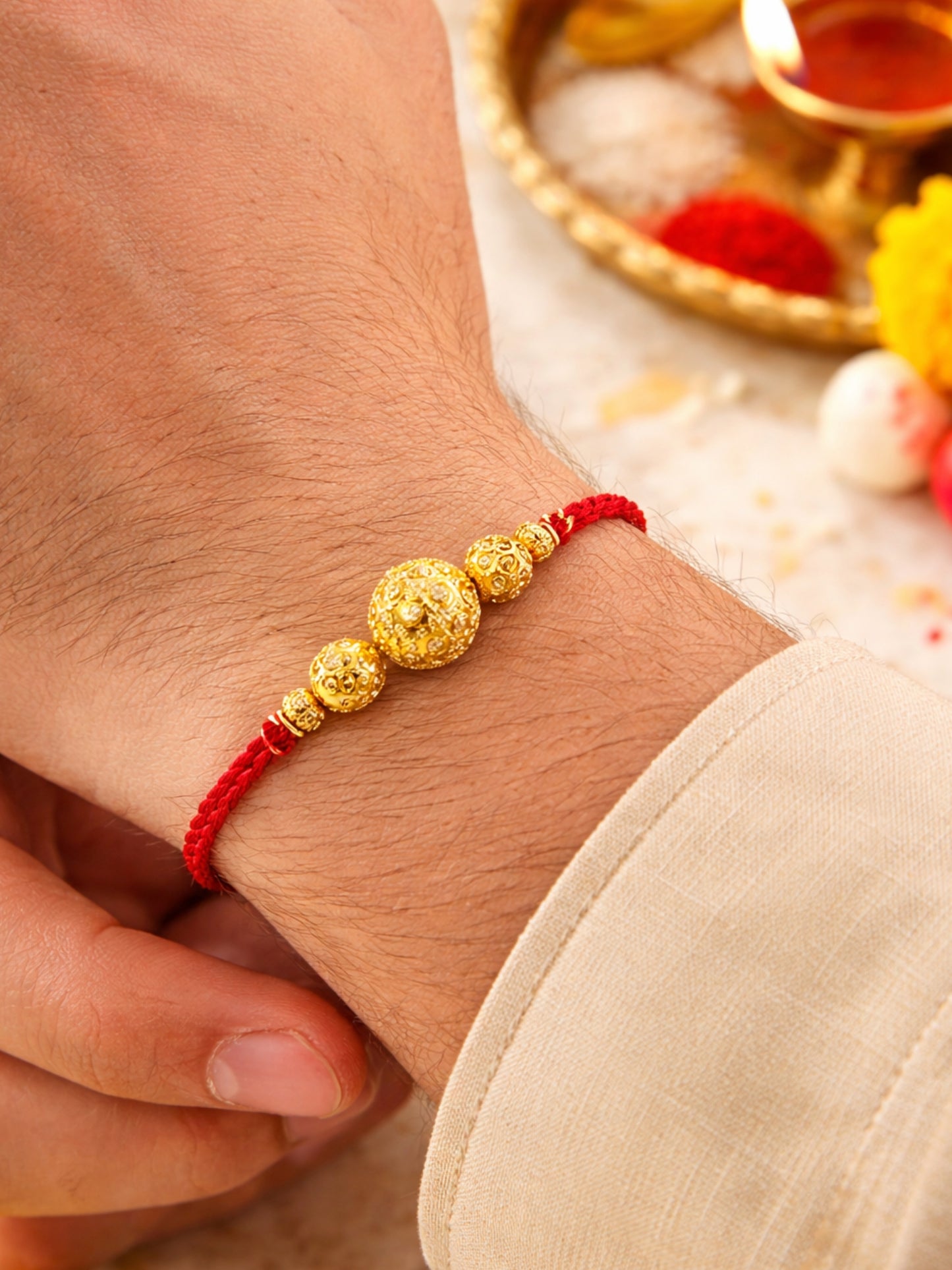 Gold Bead Rakhi Bracelet For Bhai Bhaiya Bro Red Thread