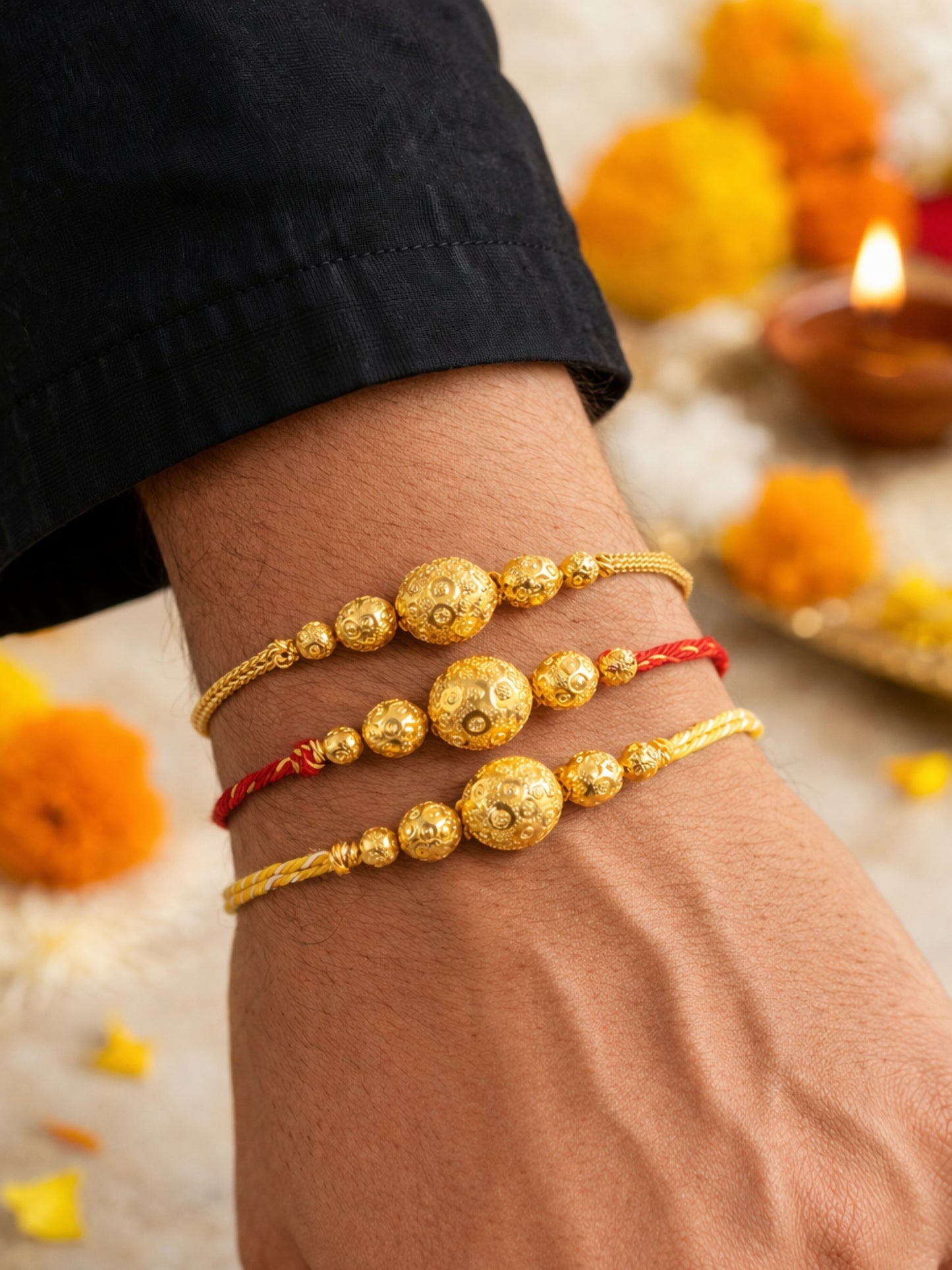(Set of 3) Gold Bead Rakhi Bracelet Bhai Bro Gift