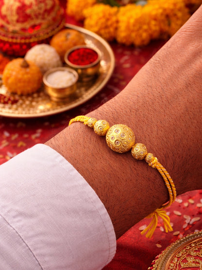 Gold Bead Rakhi Bracelet For Bhai Bhaiya Bro Yellow Thread