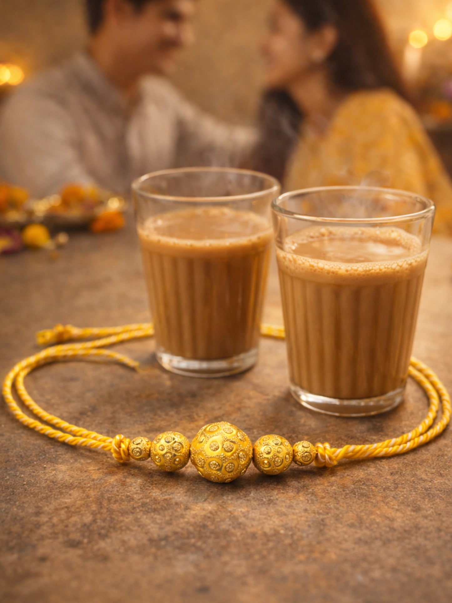 Gold Bead Rakhi Bracelet For Bhai Bhaiya Bro Yellow Thread