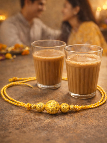 Gold Bead Rakhi Bracelet For Bhai Bhaiya Bro Yellow Thread