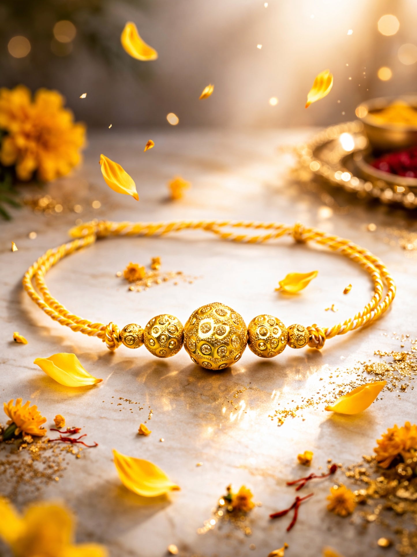 Gold Bead Rakhi Bracelet For Bhai Bhaiya Bro Yellow Thread