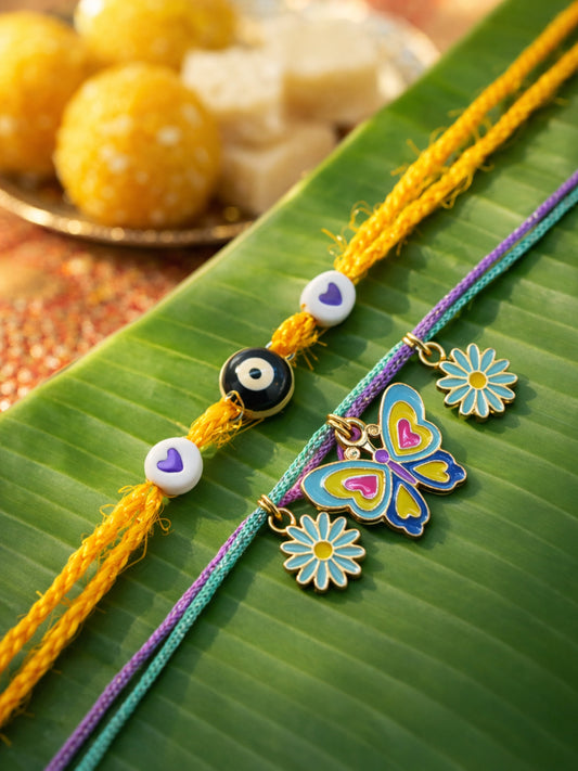 (Set of 2) Butterfly Evil Eye Kids Cartoon Rakhi Bracelet Bro Gift