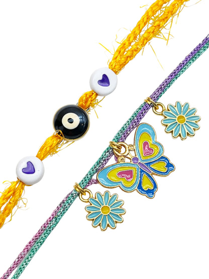 (Set of 2) Butterfly Evil Eye Kids Cartoon Rakhi Bracelet Bro Gift