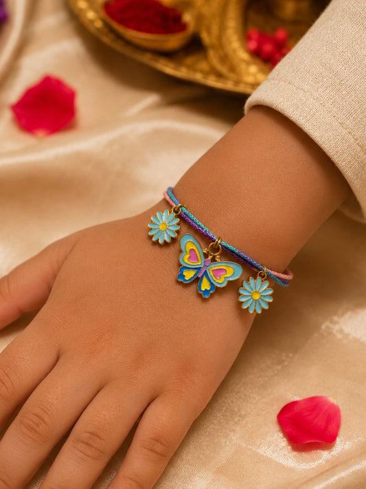 Butterfly Floral Charm Kids Rakhi Bracelet for Bhai Bhaiya Bro
