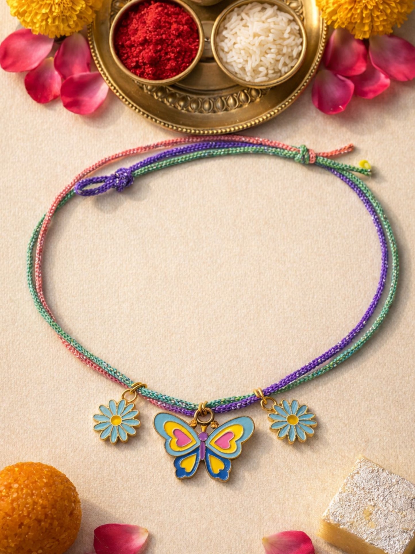 Butterfly Floral Charm Kids Rakhi Bracelet for Bhai Bhaiya Bro