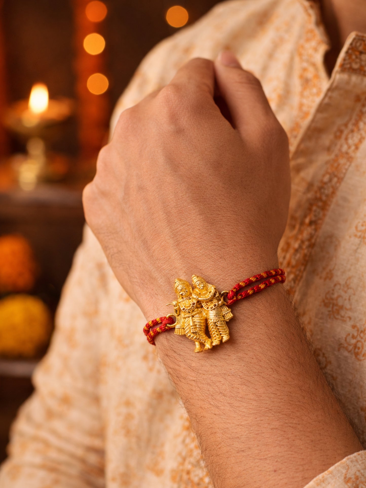 Gold-Plated Radha Krishna Rakhi Bracelet For Bhai Bhaiya Bro