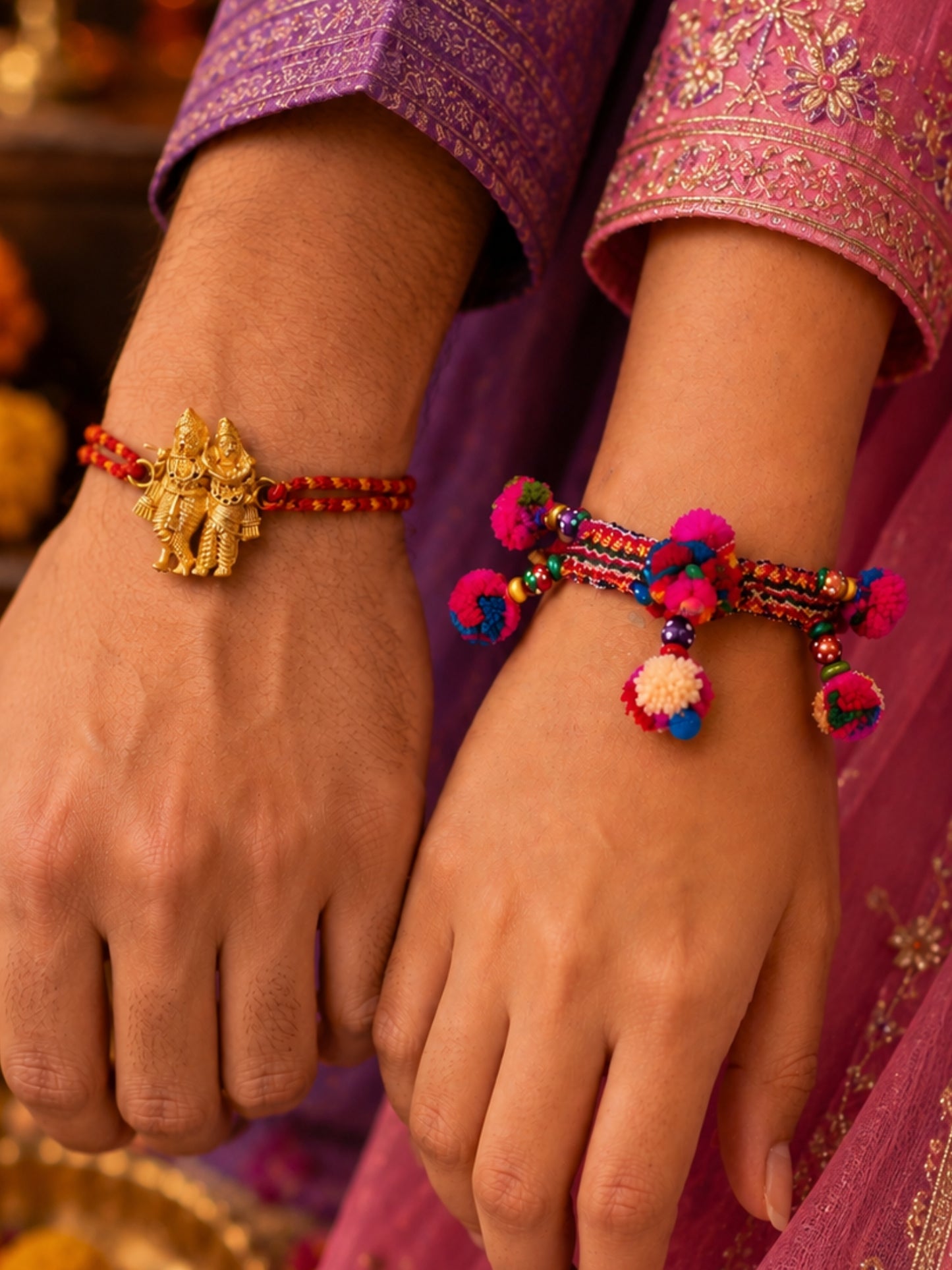 (Set of 2) Pom Pom Lumba Radha Krishna Rakhi For Bhaiya Bhabhi