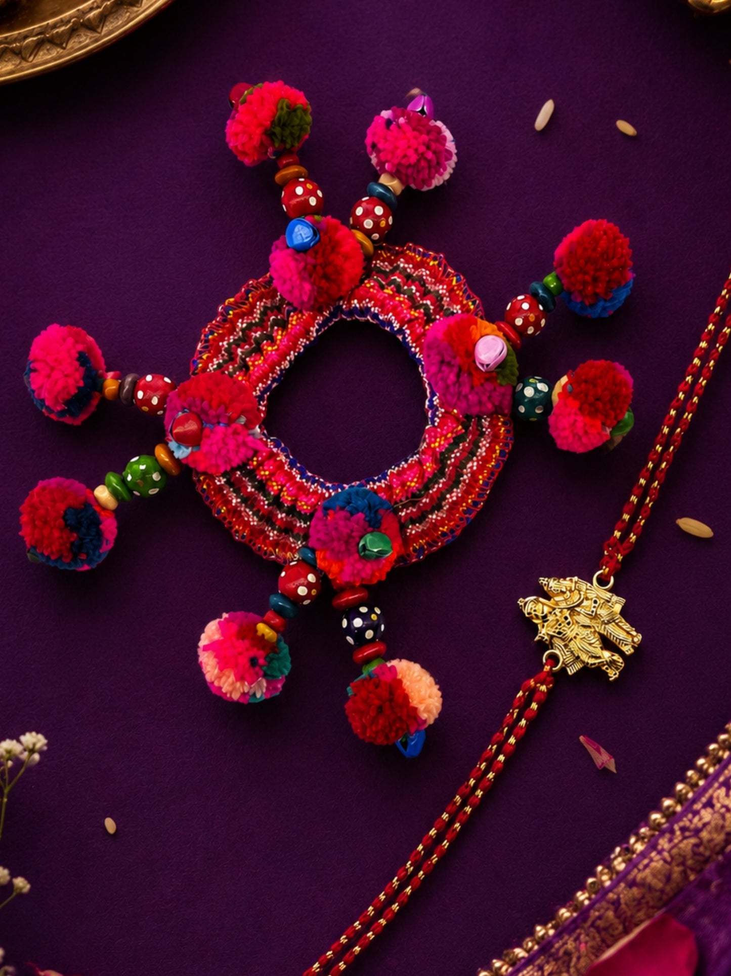 (Set of 2) Pom Pom Lumba Radha Krishna Rakhi For Bhaiya Bhabhi