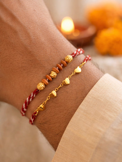 (Set of 2) Gold Heart Wooden Beads Rakhi Bracelet For Bhai Bro