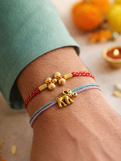 (Set of 2) Gold Beads Elephant Rakhi Bracelet for Bhai Bhaiya Bro