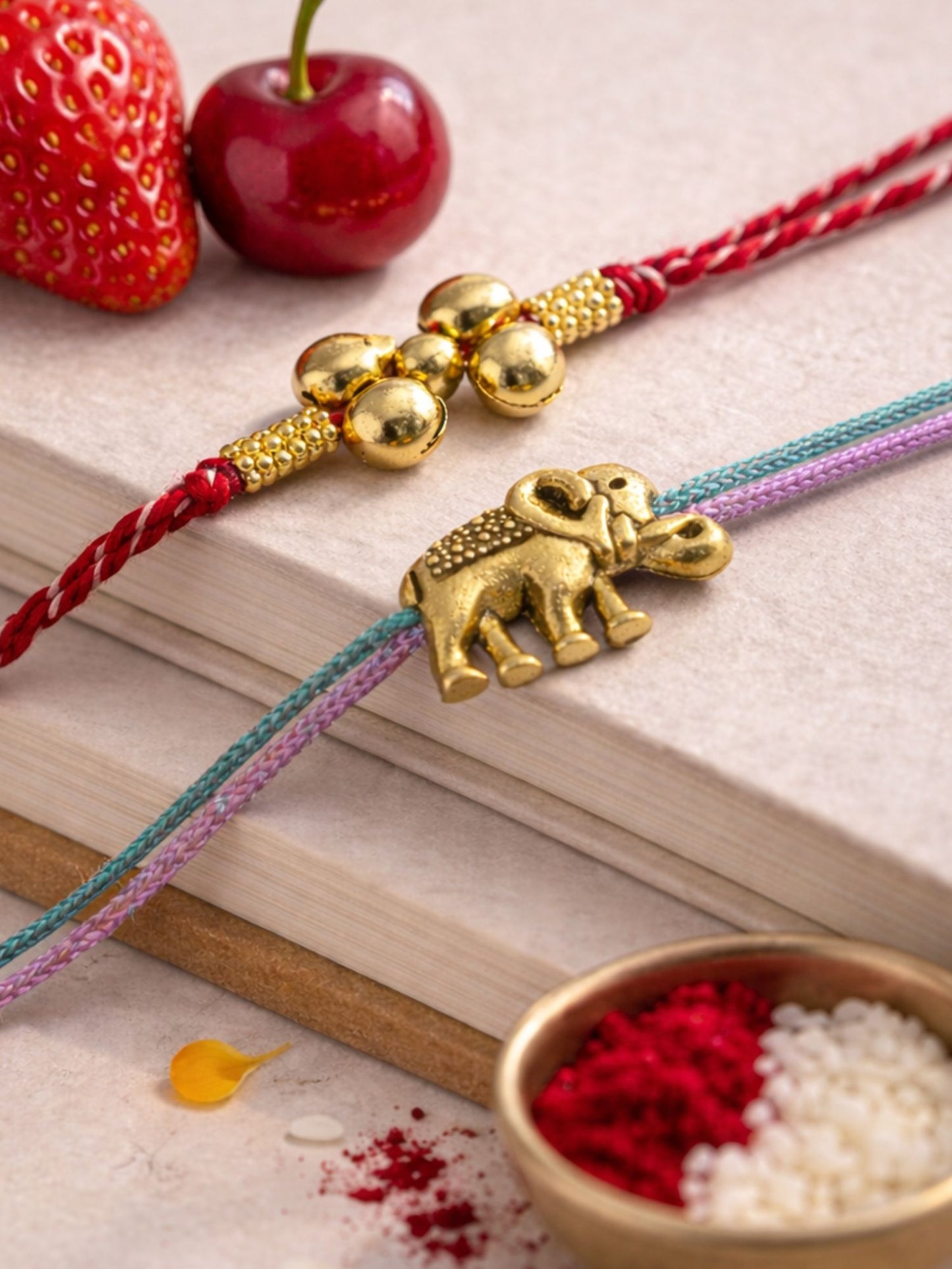 (Set of 2) Gold Beads Elephant Rakhi Bracelet for Bhai Bhaiya Bro
